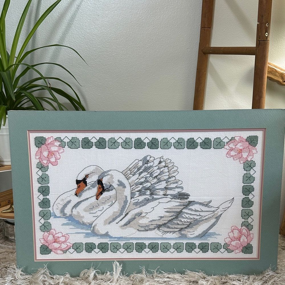 Vintage Swans Lilly Pad Water Lilies Cross Stitch Matted Wall Decor No Frame